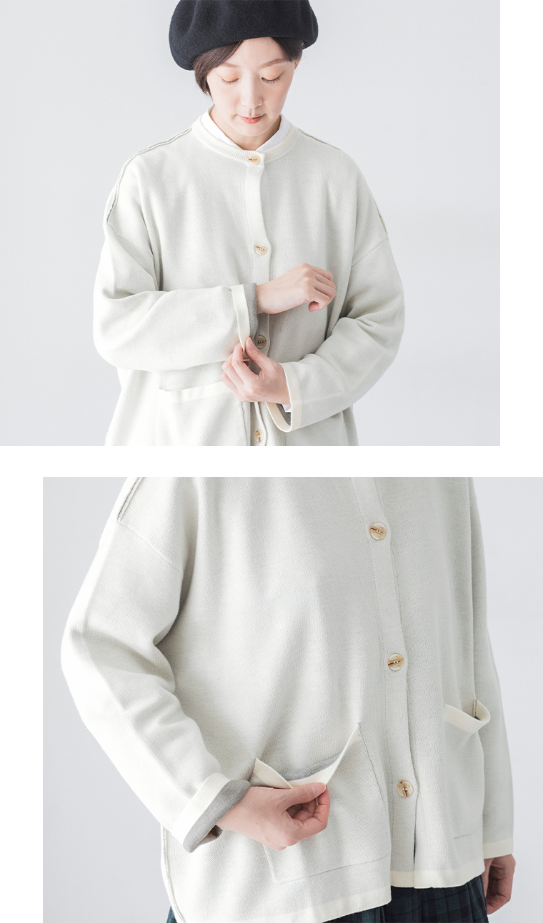 &yarn 裏地配色ニットカーディガンの上半身寄りとポケット寄り