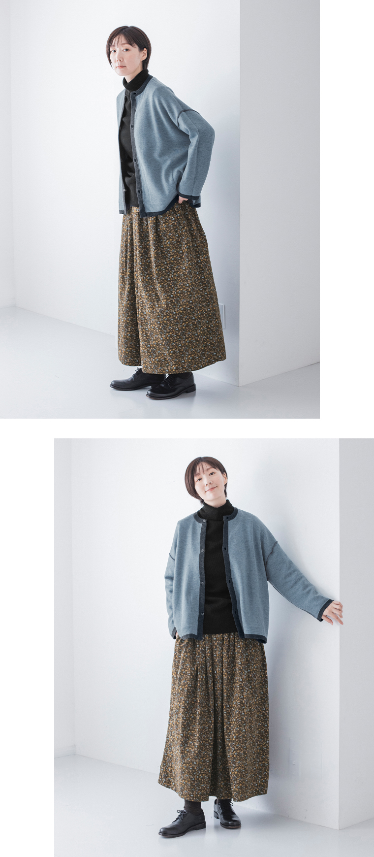 &yarn 裏地配色ニットカーディガン(チャコール)の裏返して全身斜めと前