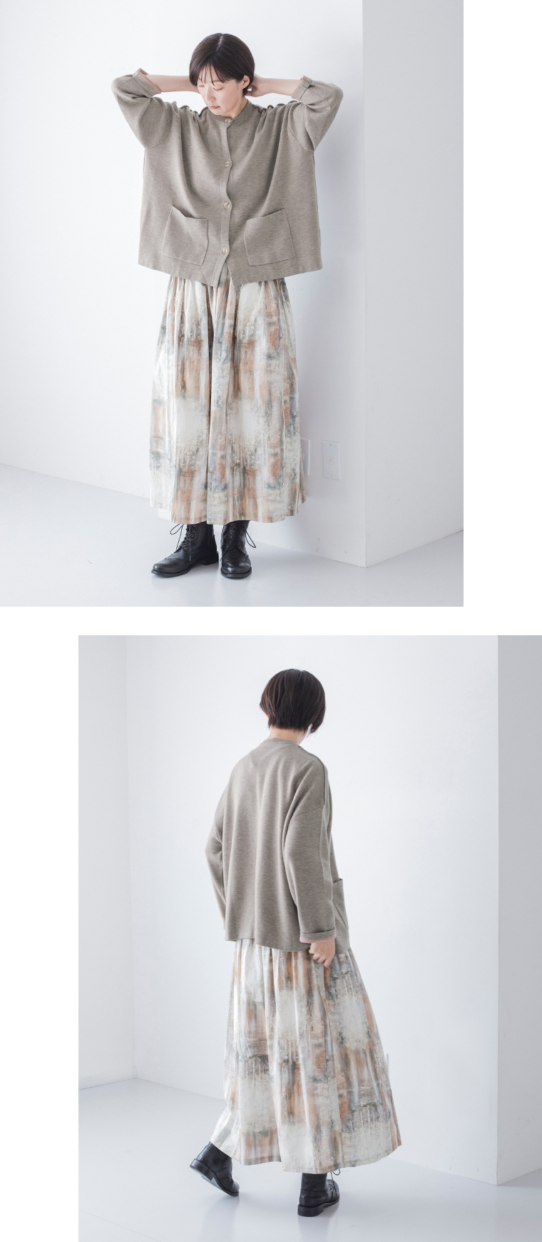 &yarn 裏地配色ニットカーディガン(グレージュ)の全身前と後ろ