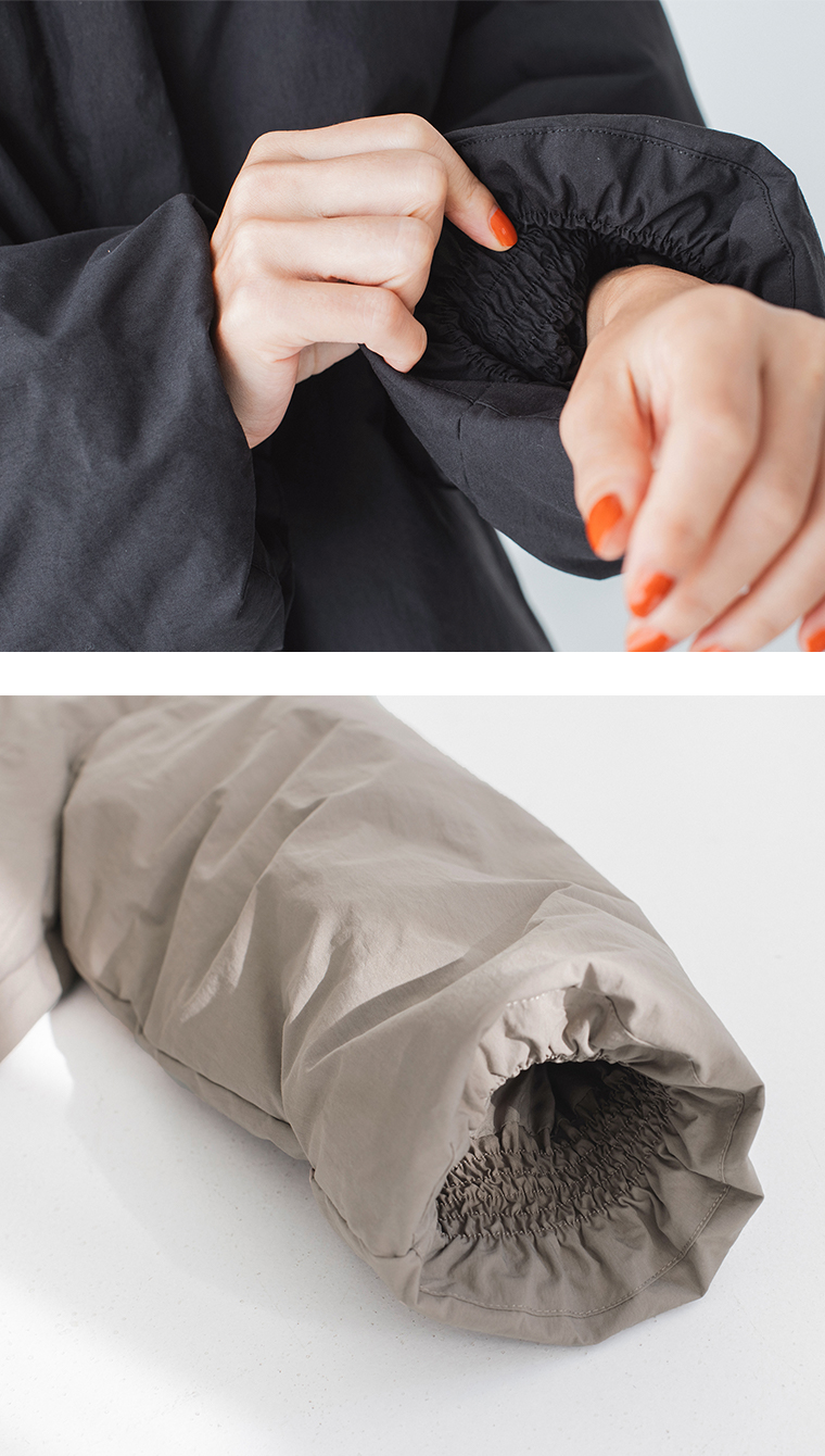 &yarnふんわり軽量 ちび襟ダウンジャケット ブラックの袖口のシャーリング