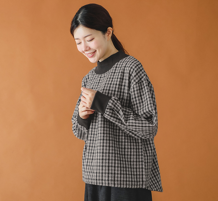 【 le colis 】フェイクウールチェック×ニットソードロストヘムプルオーバー トップス寄り