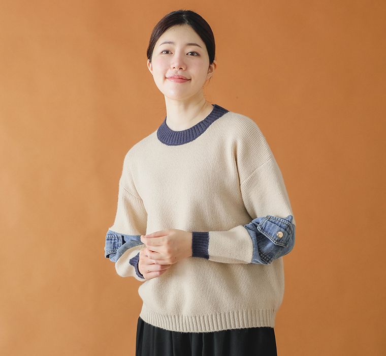 【 COLORK 】配色ニットデニムプルオーバー デニム切り替え寄り