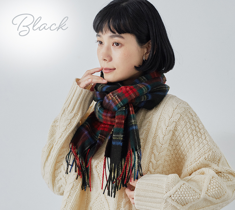 CNK 洗えるウールタータンチェックマフラー ブラック