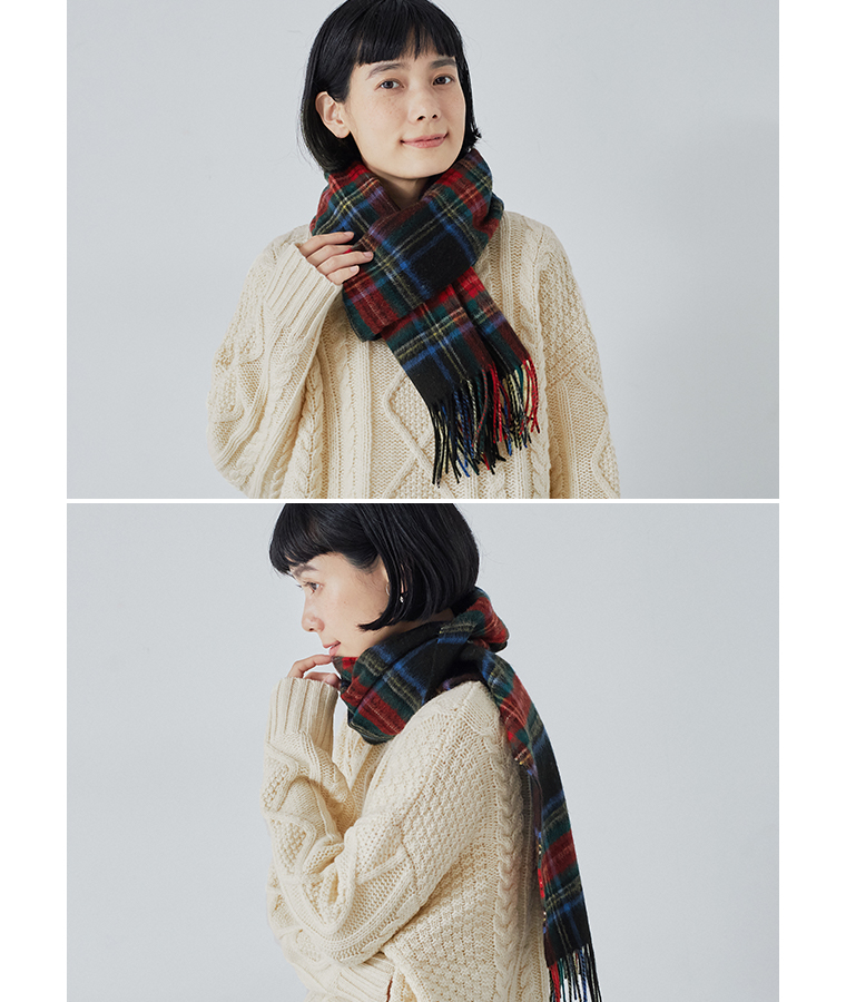 CNK 洗えるウールタータンチェックマフラー ブラック 巻き方