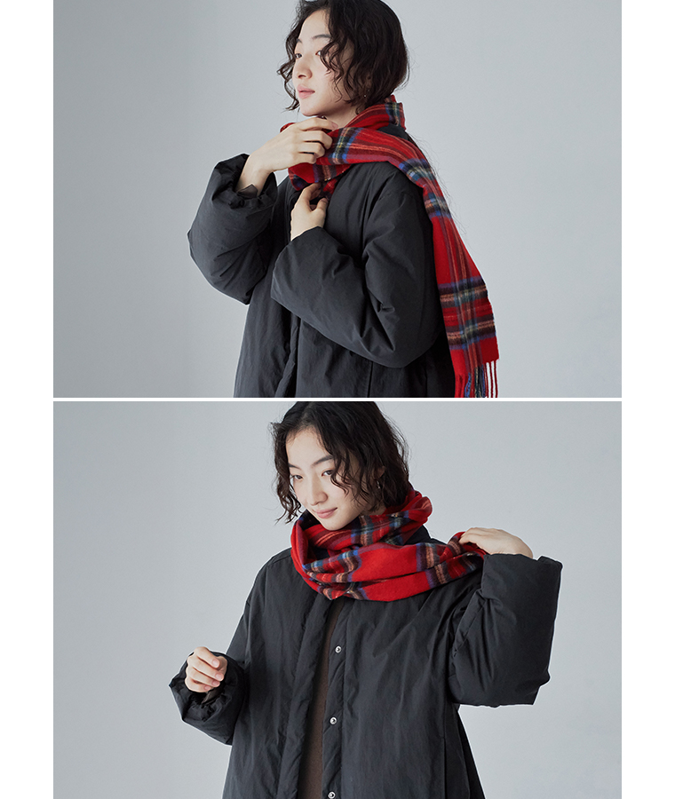 CNK 洗えるウールタータンチェックマフラー レッド 巻き方
