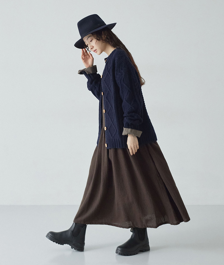 【 ichi 】シェットランドウールカーディガン ネイビー 全身コーディネート