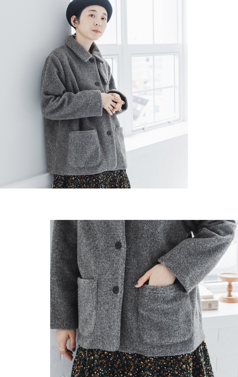 ista-ire  ブークレ　2wayカラーショートコート　グレー　ポケット寄り