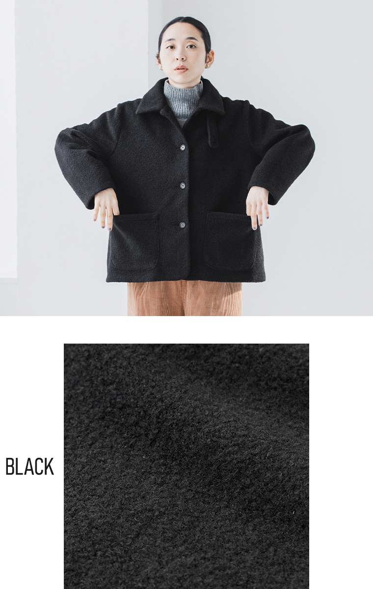 ista-ire  ブークレ　2wayカラーショートコート　上半身寄りと生地アップ