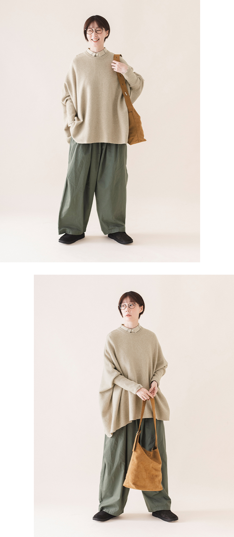 &yarn ニットワイドプルオーバー(ベージュ)の全身前