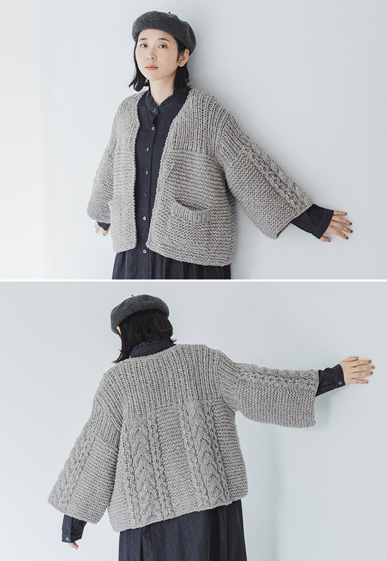 TANG ペルーハイランドウールハンドニットカーディガン グレー 上半身寄り前後