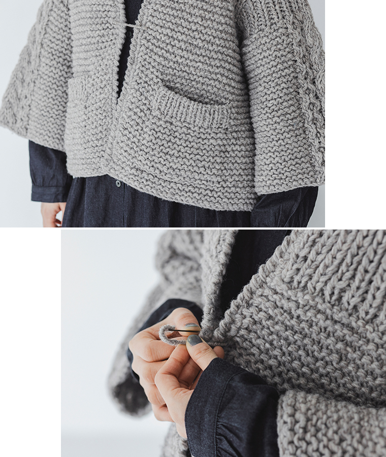 TANG ペルーハイランドウールハンドニットカーディガン グレー ディテール