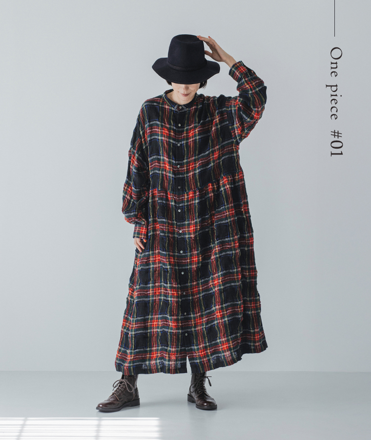ICHI Antiquites  コットンウールタータンチェック　ワンピースの着こなし