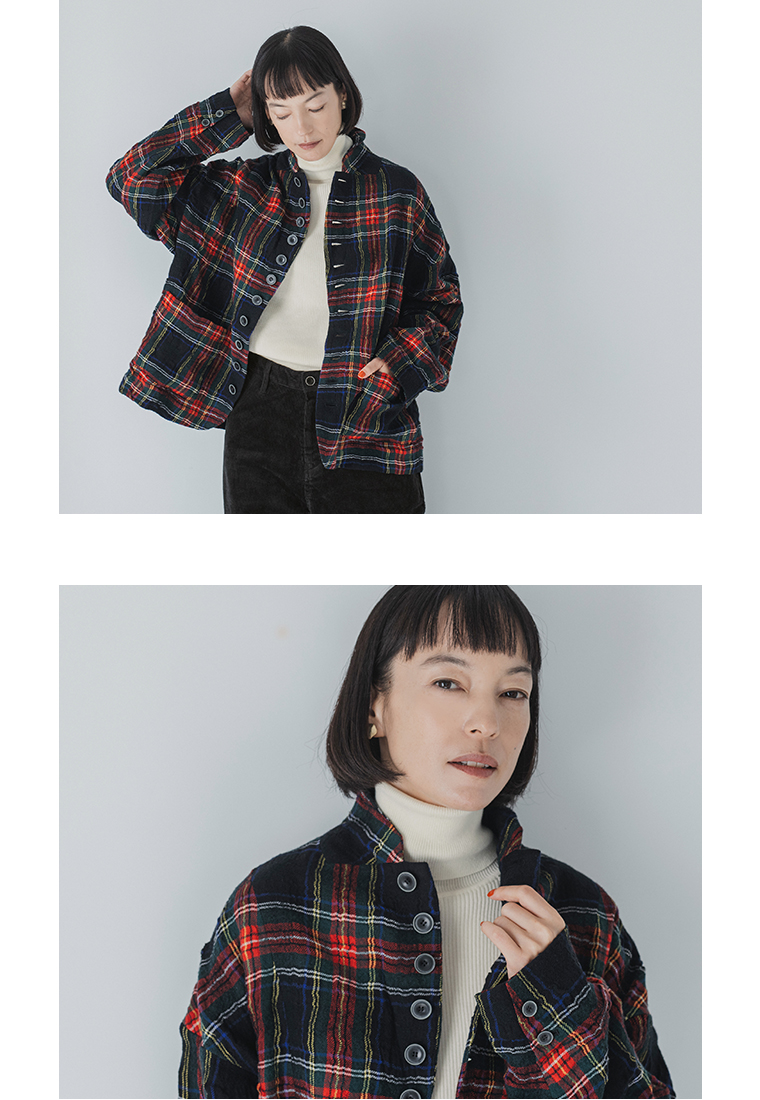 ICHI Antiquites  コットンウールタータンチェックジャケット　襟元寄り