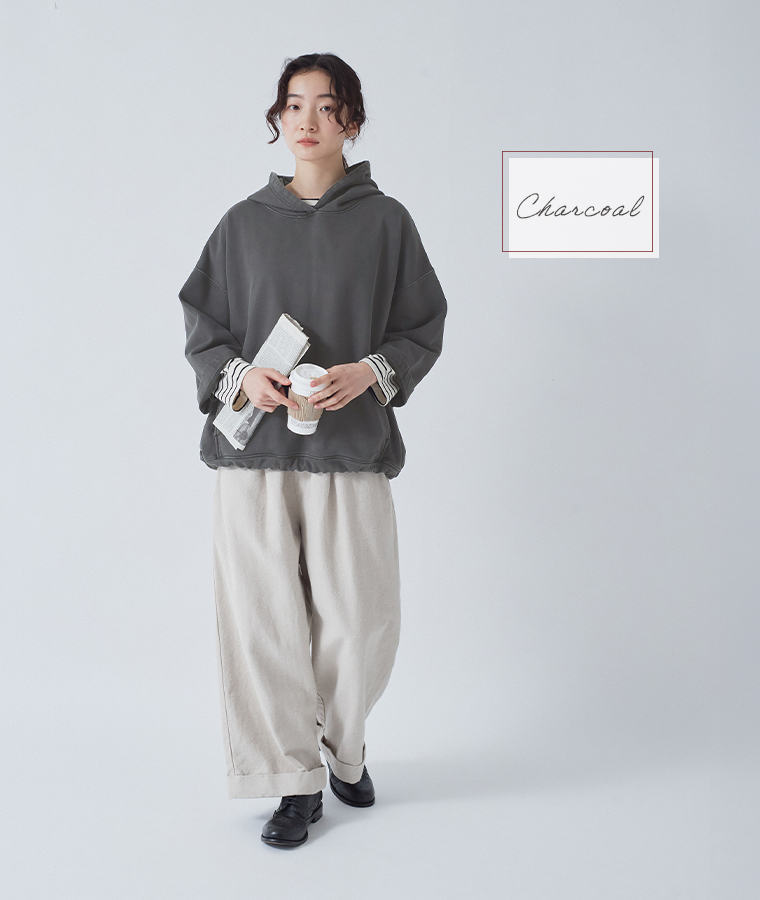 &yarn 裏毛ガーメントダイ加工ワイドフーディ(チャコール)のコーディネート