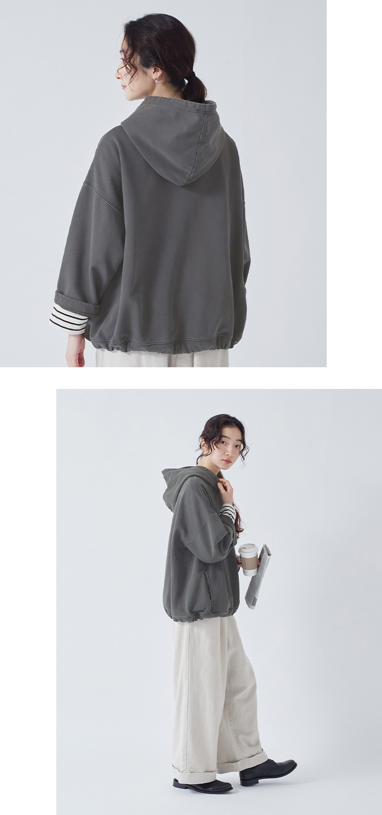 &yarn 裏毛ガーメントダイ加工ワイドフーディ(チャコール)の上半身後ろと全身横