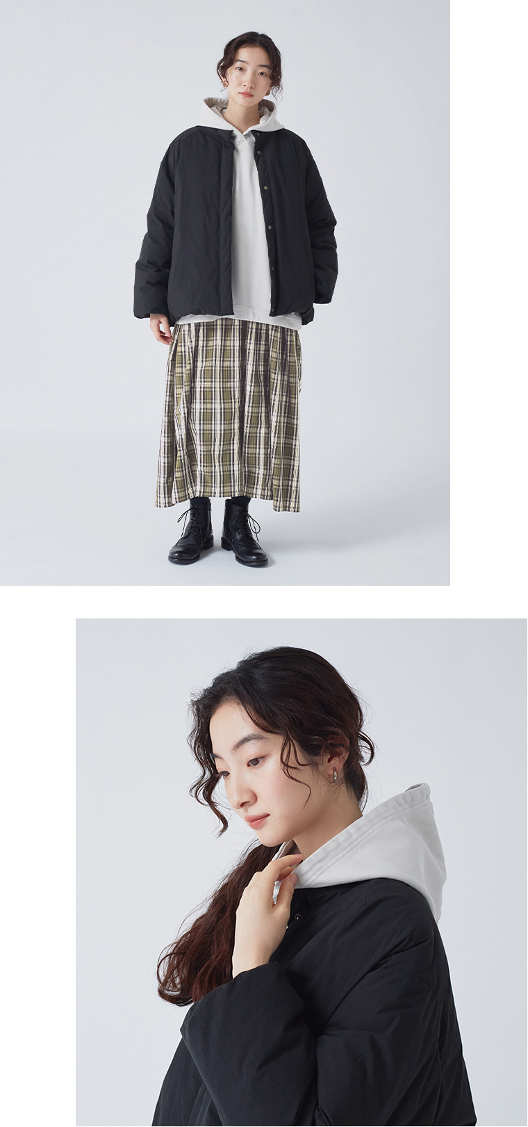 &yarn 裏毛ガーメントダイ加工ワイドフーディ(グレー)のアレンジコーデ、ダウンジャケット着て全身とフード寄り