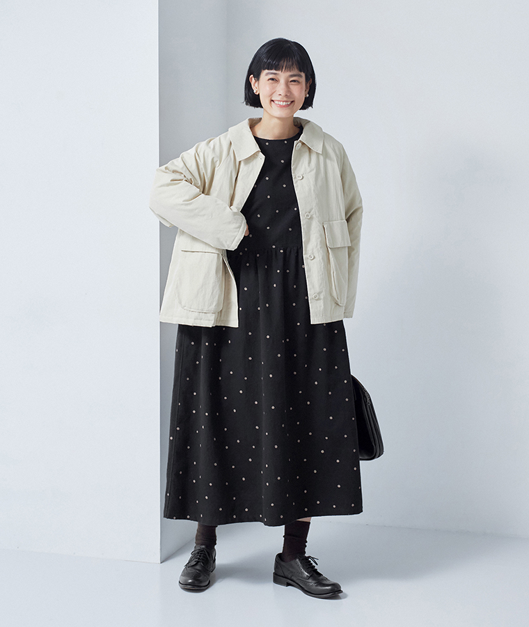 【 D*g*y 】コットン起毛くずれドットワンピース style01 アウター羽織り全身コーディネート