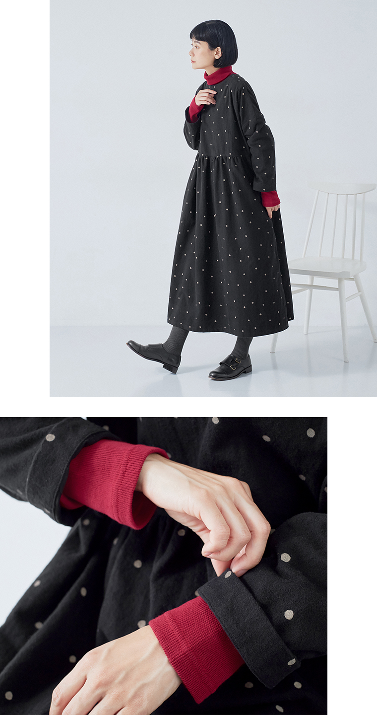 【 D*g*y 】コットン起毛くずれドットワンピース style03 袖まくり