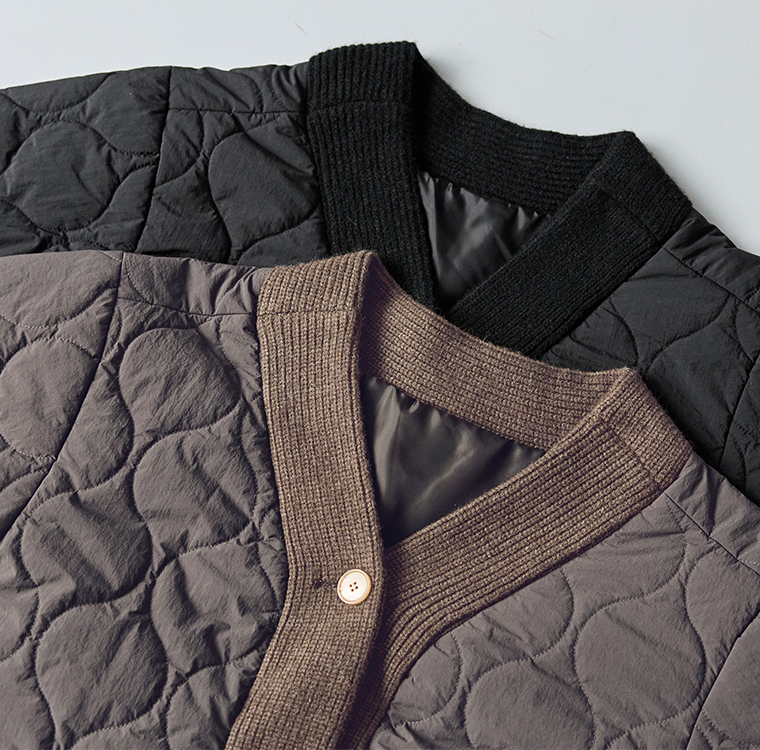 &yarn キルティング×ニット ノーカラージャケットのデザイン