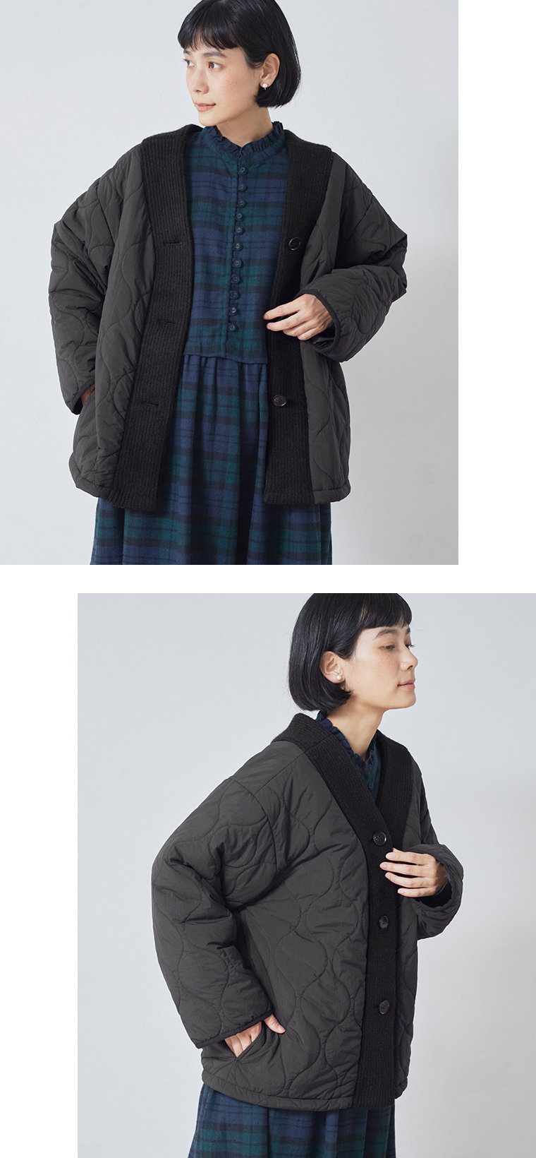 &yarn キルティング×ニット ノーカラージャケットブラックのニット素材