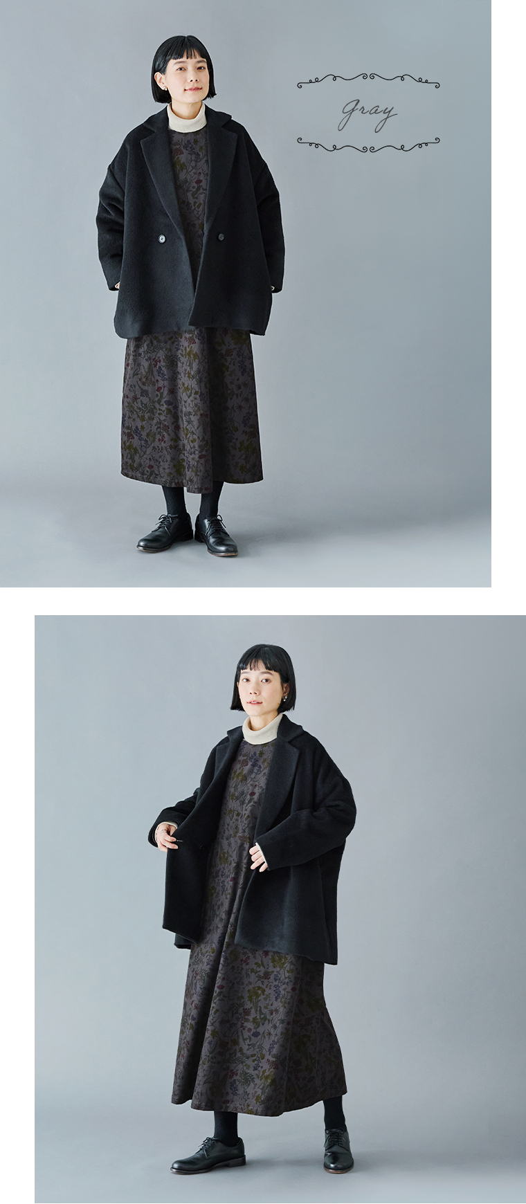 &yarn  コットンボタニカルプリントコーデュロイワンピース(グレー)のコーディネート