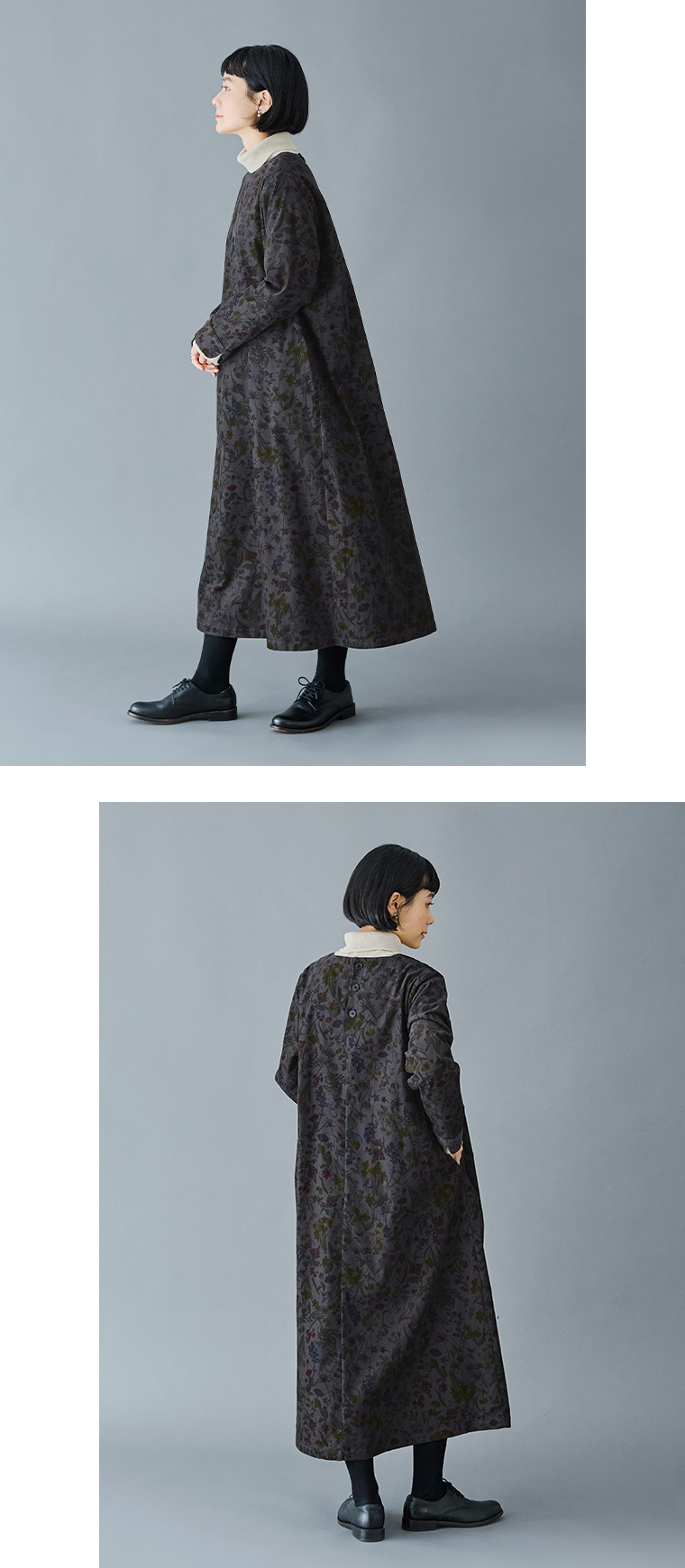 &yarn  コットンボタニカルプリントコーデュロイワンピース(グレー)の全身横と後ろ