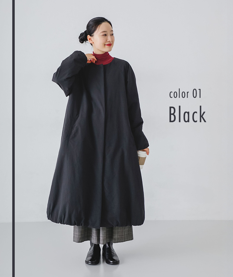 【 m.n 】バルーン中綿ノーカラーロングコート ブラック