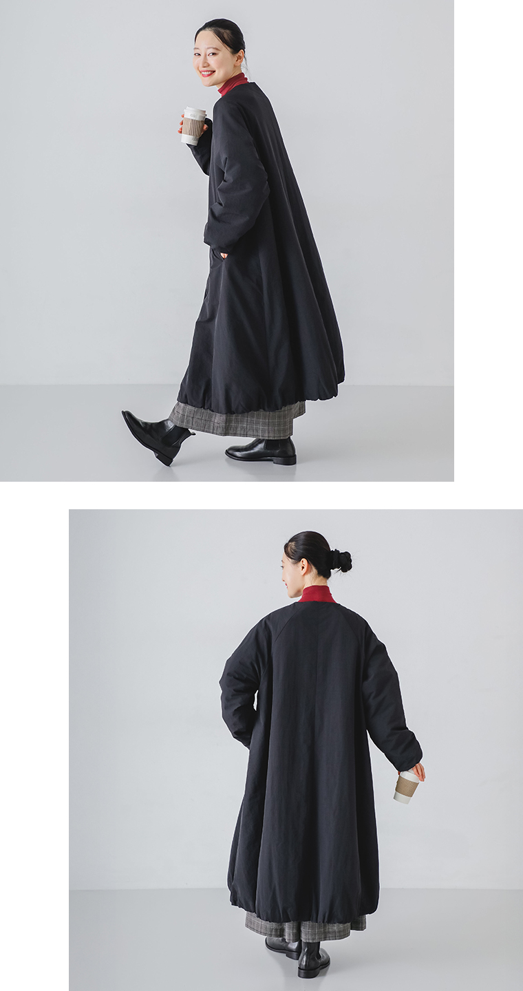 【 m.n 】バルーン中綿ノーカラーロングコート ブラック 全身コーディネート