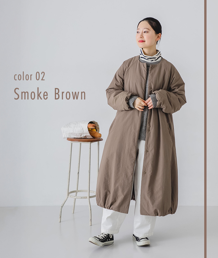 【 m.n 】バルーン中綿ノーカラーロングコート スモークブラウン