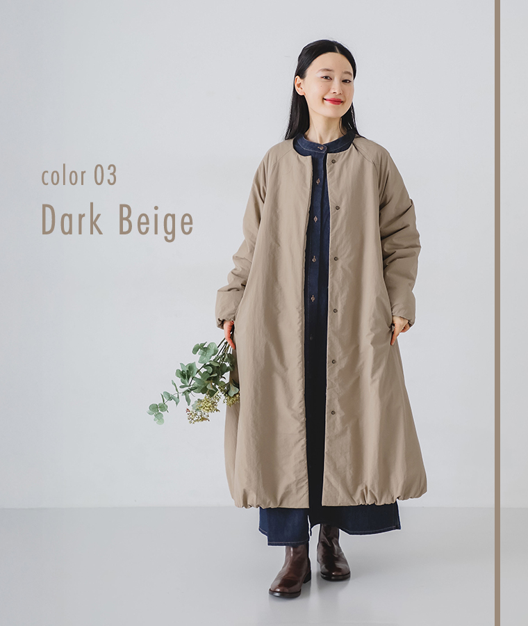 【 m.n 】バルーン中綿ノーカラーロングコート ダークベージュ