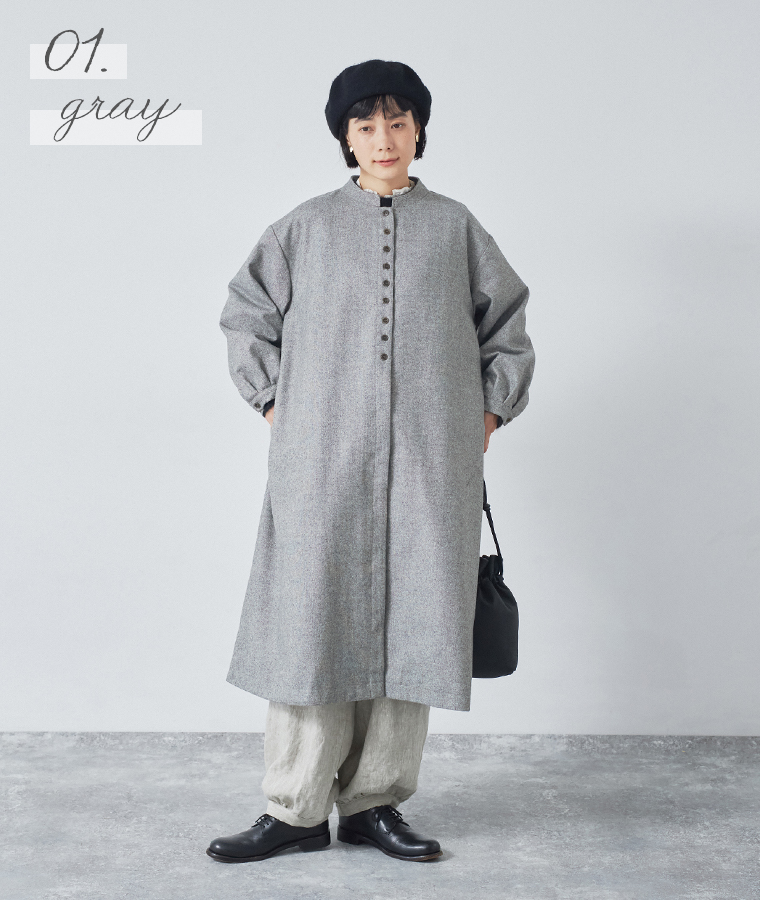 08Mab 別注ウールツイードロングコート グレー