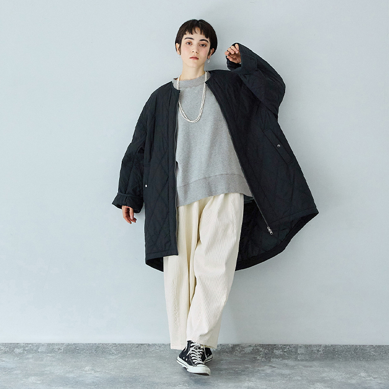 UNPLE  ニット裏起毛モックネックプルオーバー　アウターを羽織ったコーデ