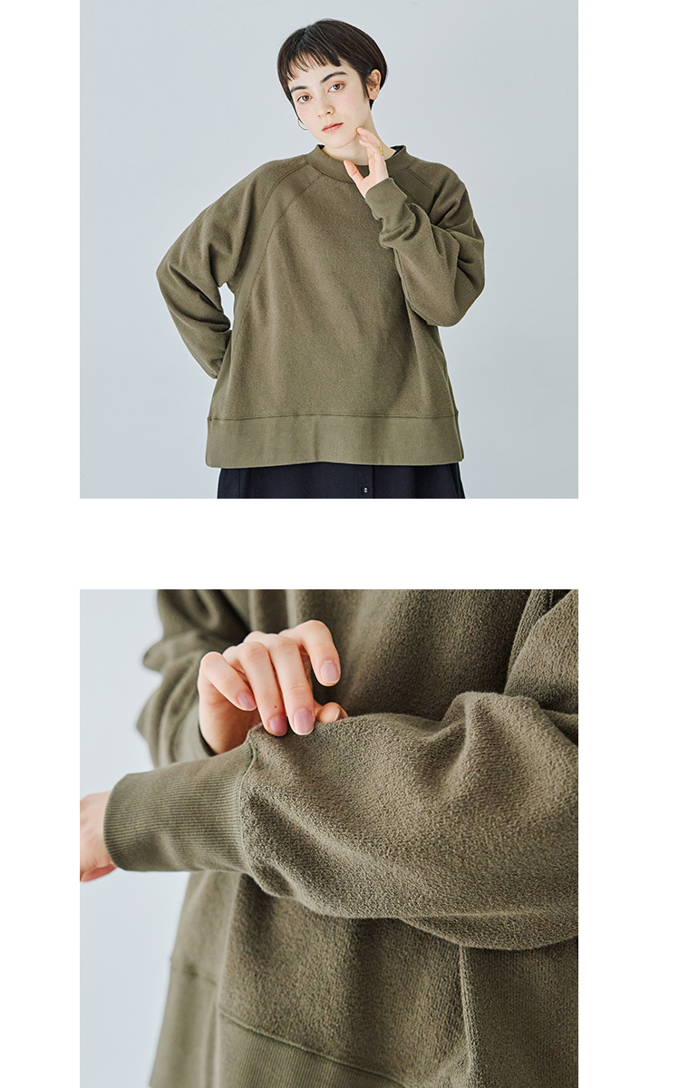 UNPLE  ニット裏起毛モックネックプルオーバー(カーキ)　上半身寄りと袖の生地アップ