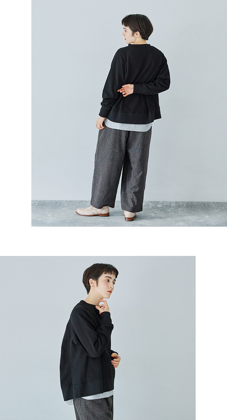 UNPLE  ニット裏起毛モックネックプルオーバー(ブラック)の上半身横と後ろの全身