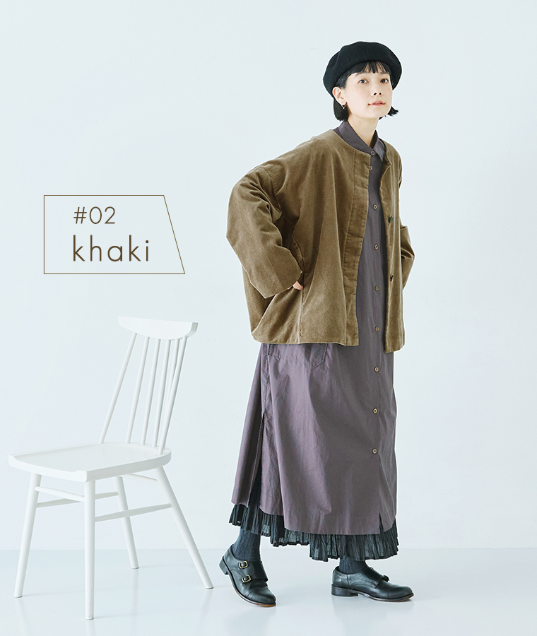 【 so 】コットン変形コーデュロイノーカラーコクーンジャケット カーキ