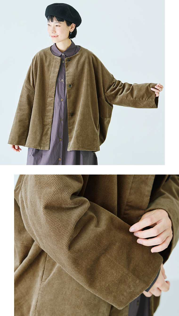 【 so 】コットン変形コーデュロイノーカラーコクーンジャケット カーキ ジャケット寄り＆生地見せ