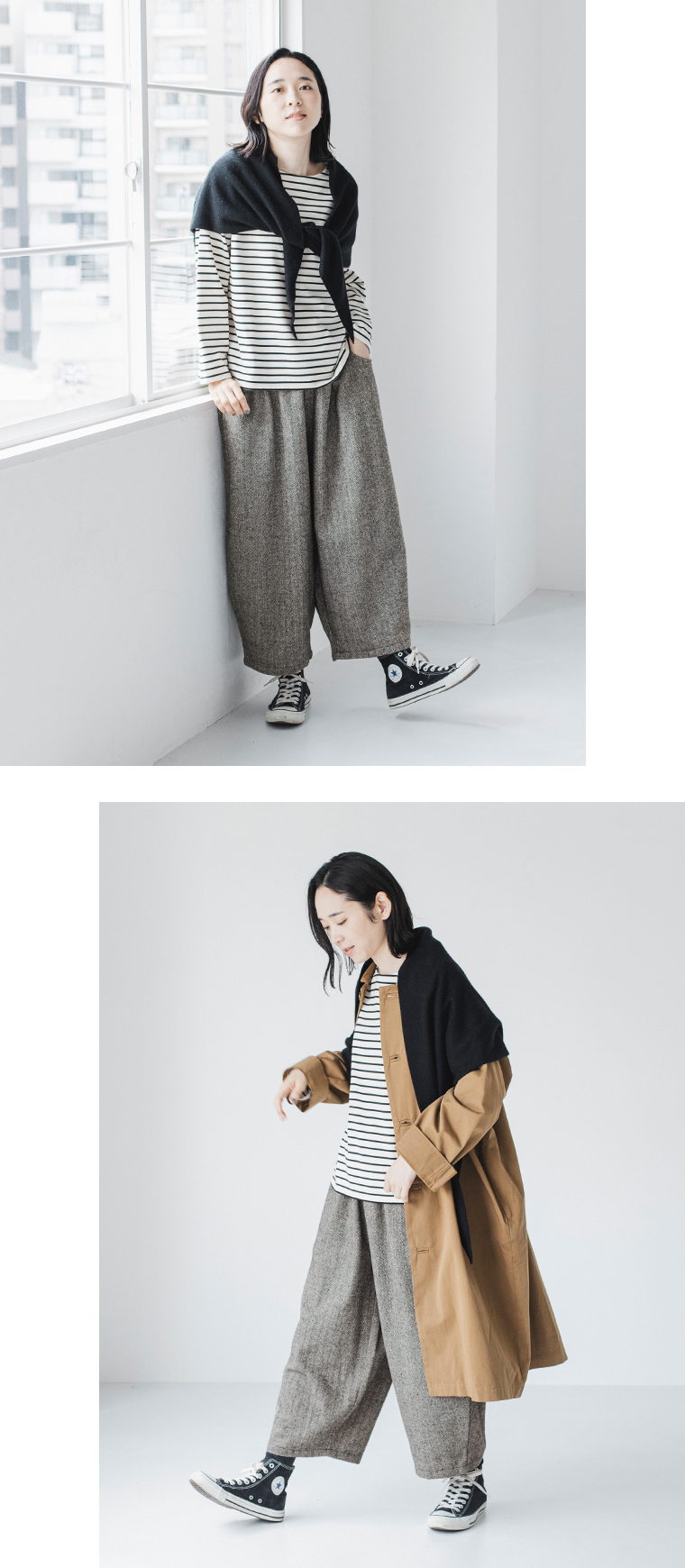 le ciel a temps doux ヘリンボーンセミワイドパンツ(ブラック)の全身前と全身斜め