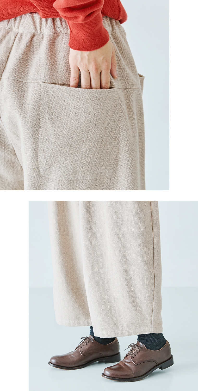 le ciel a temps doux ヘリンボーンセミワイドパンツ(キナリ)の後ろポケット寄りと裾寄り
