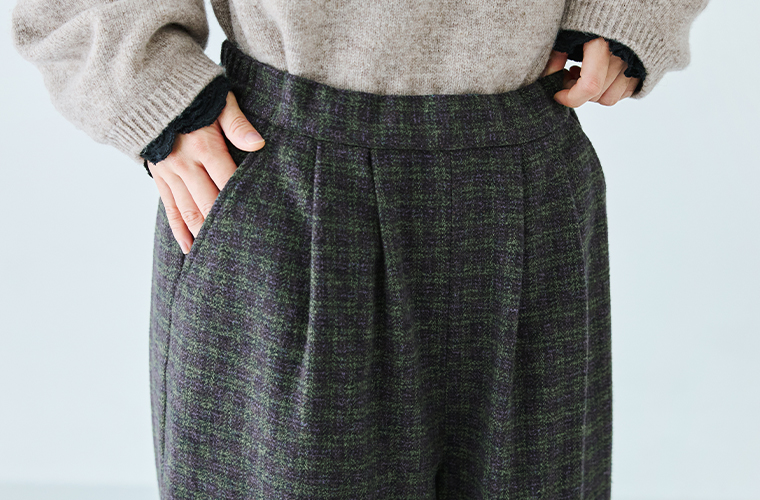 &yarn  コットンツイードチェックバルーンパンツ　ウエストディテール