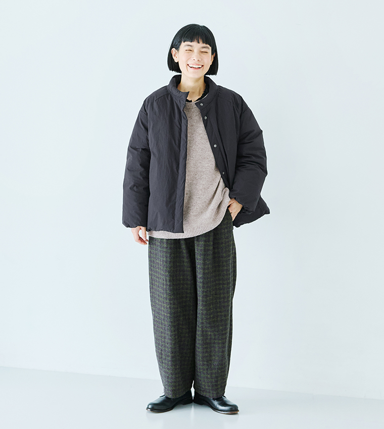 &yarn  コットンツイードチェックバルーンパンツ　グリーン　アウターコーデ