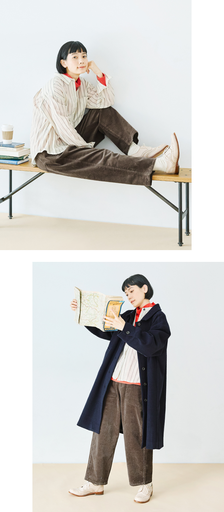 NORTHERN TRUCK コーデュロイワークストレートパンツ(ブラウン)の座ったカットと全身前