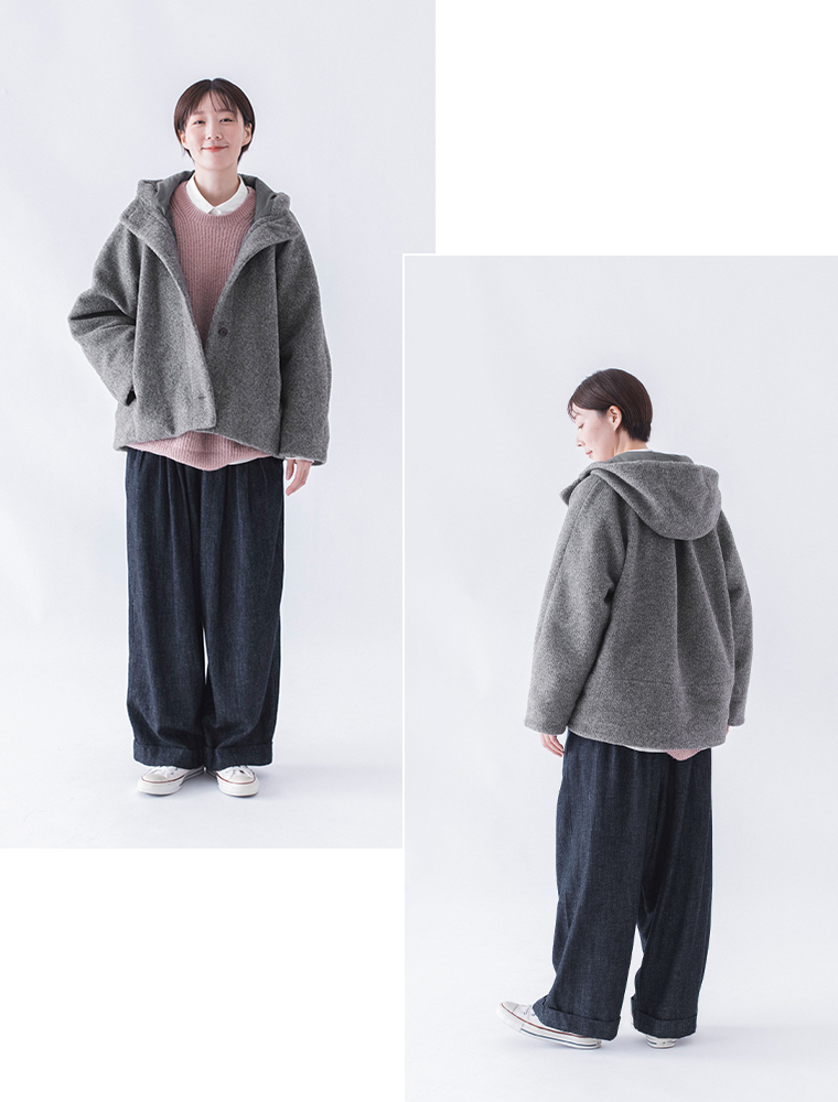 &yarn ブークレ フードショートコート　チャコール　前後