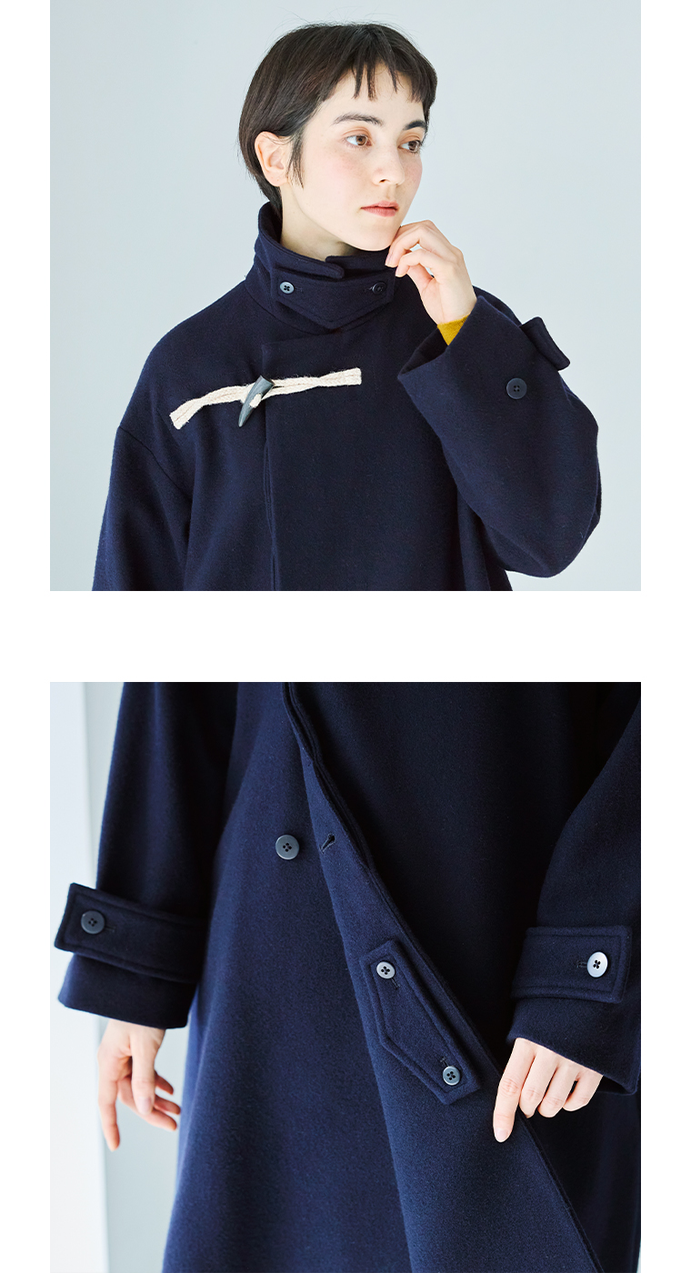 メルトントグルコートの首元のチンストラップディテール
