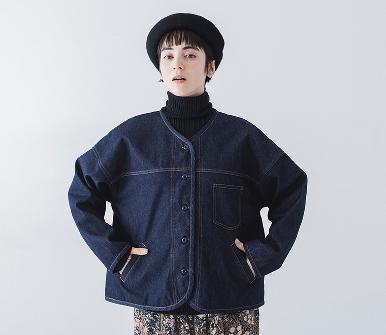 homeworking  裏ボアデニムあたたかノーカラージャケット 寄り前