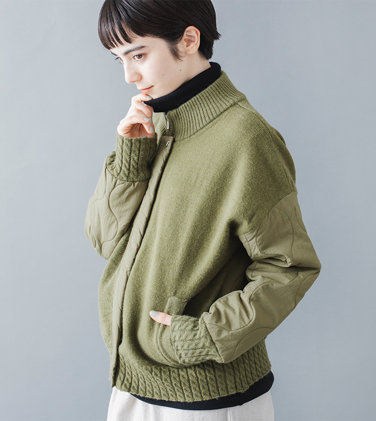 &yarnキルティングニットブルゾンカーキのカラー