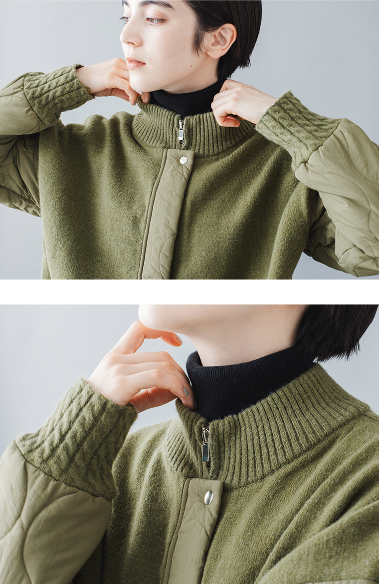 &yarnキルティングニットブルゾンカーキの首元、袖口、裾