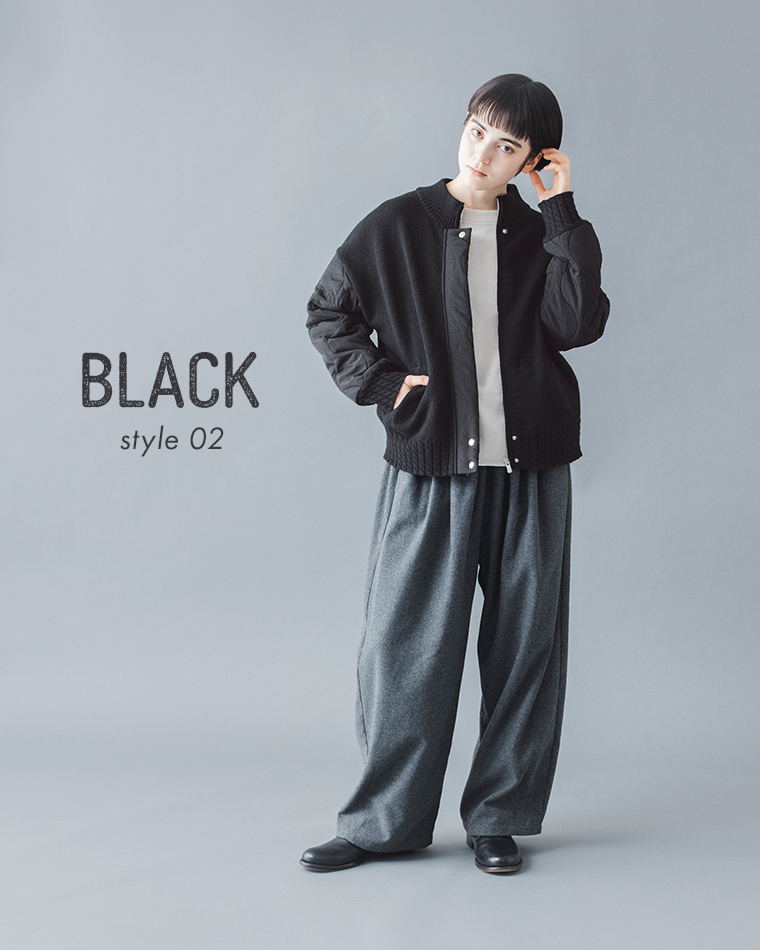&yarnキルティングニットブルゾンブラックのコーディネート