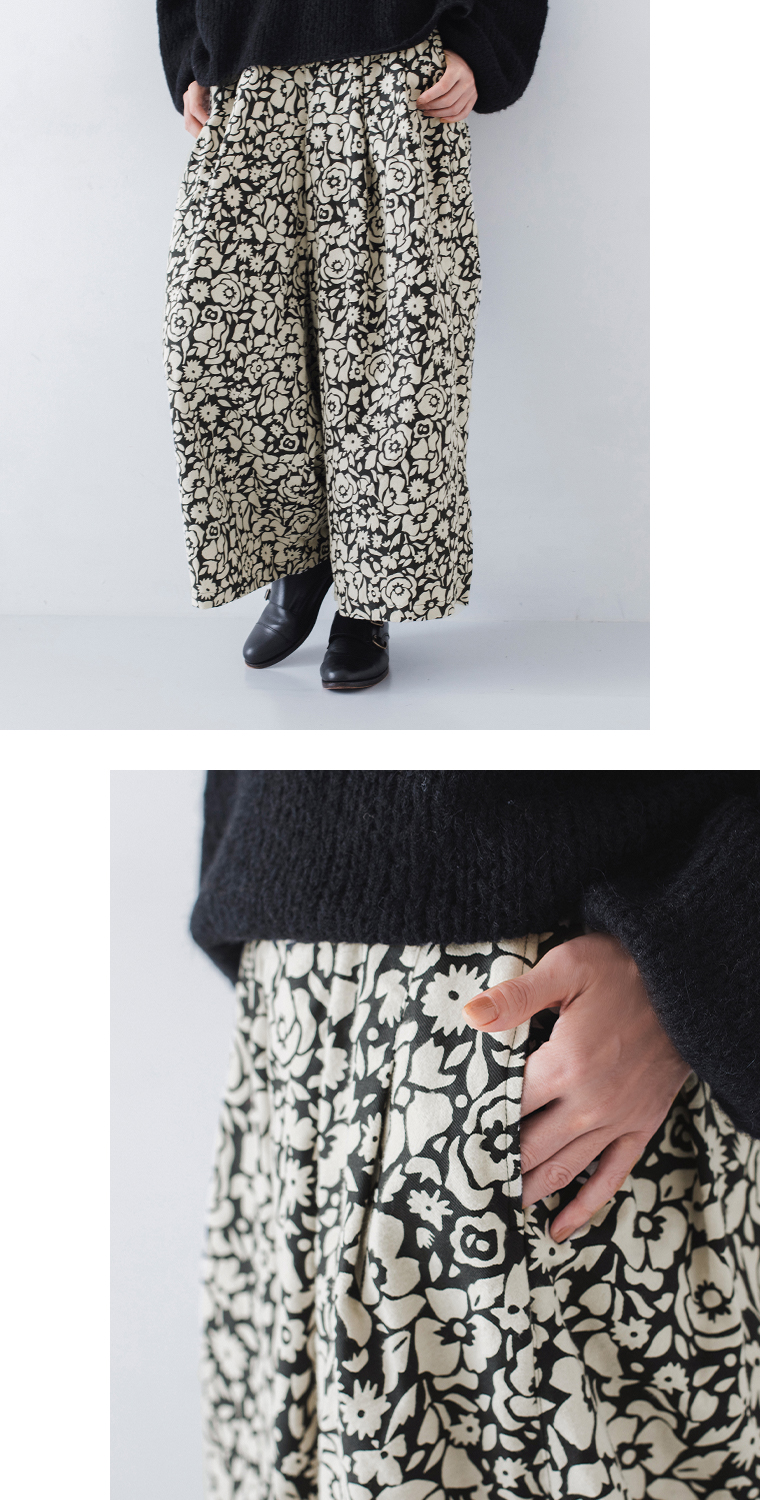 ichi ビエラ起毛フラワーセミワイドパンツ(ナチュラル)の下半身前とポケット寄り