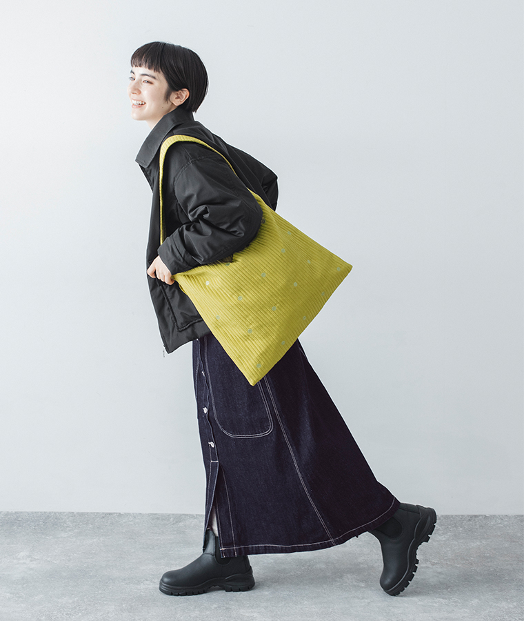 【 cache cache 】ラインドットワンショルダートート イエロー 全身コーディネート