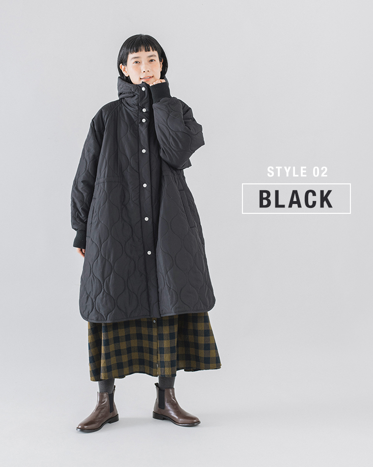 D*g*y ひょうたんキルトフーディーコートブラックのワンピースコーディネート